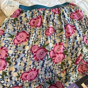 LuLaRoe Pink Floral and Blue Geometric Midi Skirt